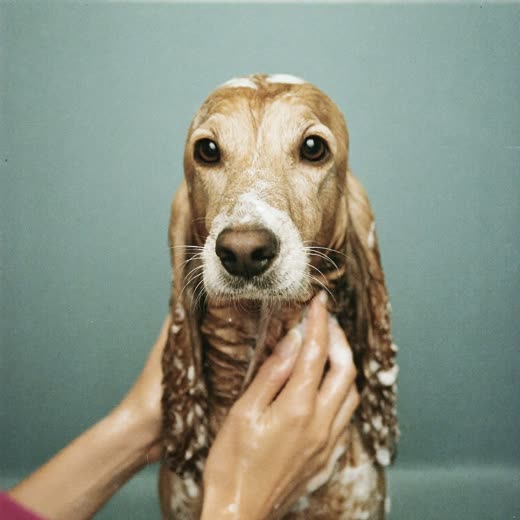 A spaniel mid-bath, being lathered by a groomer's hands